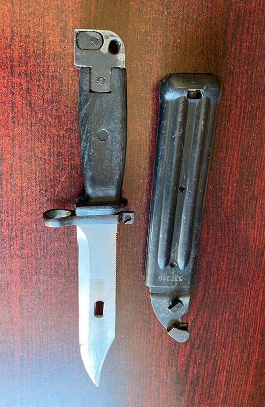 EAST GERMAN AK74 BAYONET WITH SCABBARD-THE STEEL POMMEL OF THE AK74 OVER CAME IMPACT DAMAGE-MATCHING