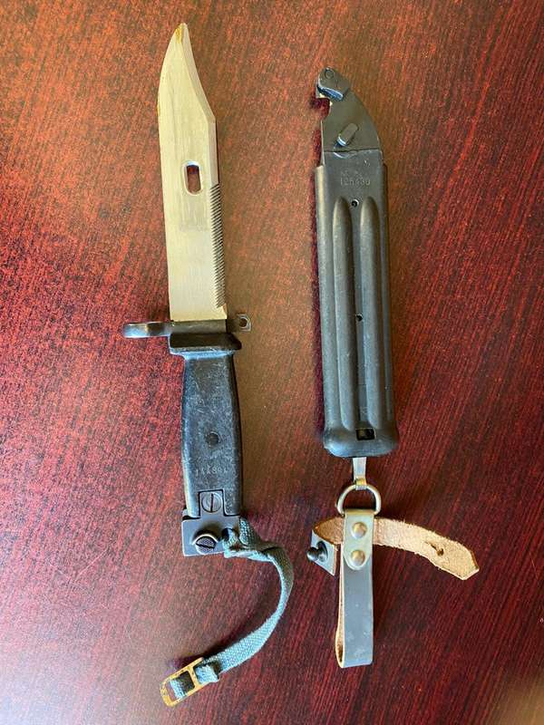 EAST GERMAN AK74 BAYONET WITH SCABBARD-THE STEEL POMMEL OF THE AK74 OVER CAME IMPACT DAMAGE-BAYONET