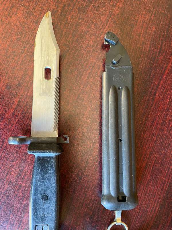 EAST GERMAN AK74 BAYONET WITH SCABBARD-THE STEEL POMMEL OF THE AK74 OVER CAME IMPACT DAMAGE-BAYONET