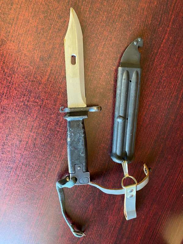EAST GERMAN AK74 BAYONET WITH SCABBARD-THE STEEL POMMEL OF THE AK74 OVER CAME IMPACT DAMAGE-BAYONET