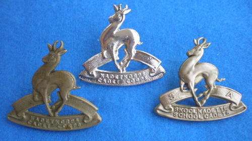 SA SCHOOL CADET CAP BADGES 2 X W/M & 1 CHROME-3VARIATIONS WORN FROM 1963-LUGS INTACT