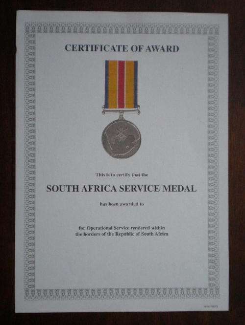 SANDF SA SERVICE MEDAL CERTIFICATE-ORIGINAL-UNISSUED