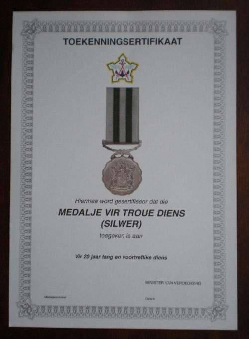 SADF GOOD SERVICE MEDAL(SILVER)FOR 20 YEARS SERVICE-CERTIFICATE-ORIGINAL-UNISSUED