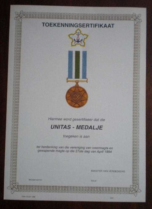 SADF UNITAS MEDAL CERTIFICATE-ORIGINAL-UNISSUED