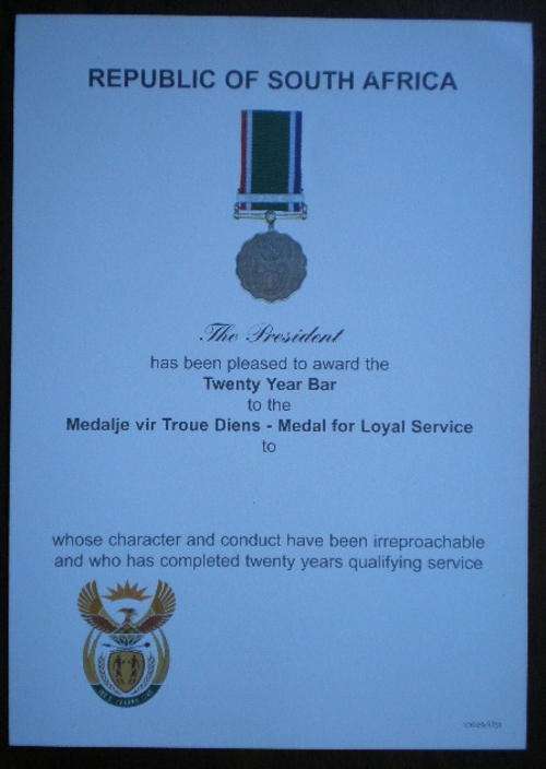 SANDF MEDAL FOR LOYAL SERVICE WITH TWENTY YEAR BAR,CERTIFICATE-ORIGINAL-UNISSUED
