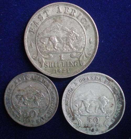 EAST AFRICA SILVER COINS-FOLLOWING SOLD TOGETHER:1913& 1937 50 CENTS/1921 ONE SHILLING