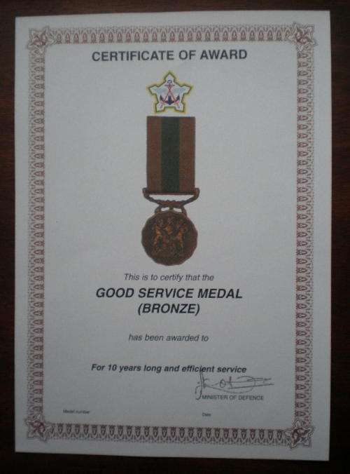 SADF-GOOD SERVICE MEDAL(BRONZE) AWARD CERTIFICATE-ORIGINAL