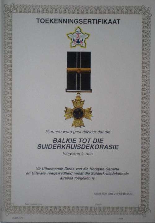 SADF-BALKIE TOT DIE SUIDERKRUISDEKORASIE,AWARD CERTIFICATE-ORIGINAL