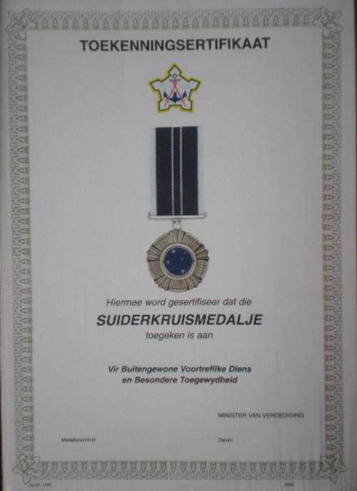 SADF SUIDERKRUIS MEDALJE AWARD CERTIFICATE-ORIGINAL