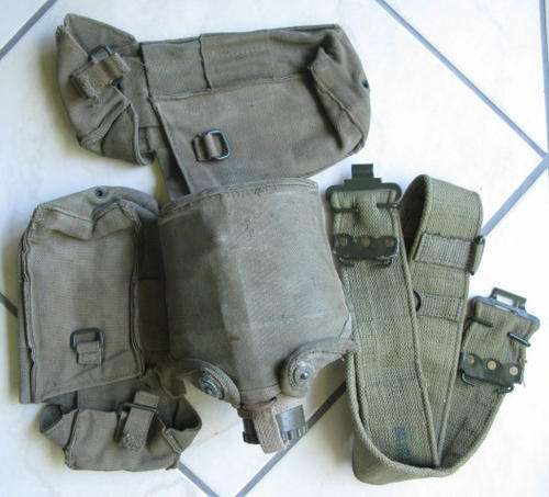 RHODESIAN WEBBING SELECTION,FOLLOWING:WATER BOTTLE IN COMPLETE CONDITION WITH PLASTIC BUCKET,WEBBIN