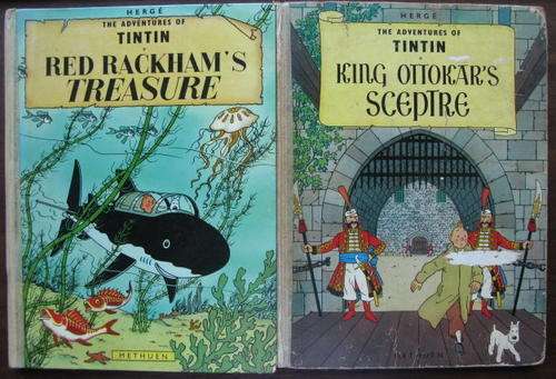 TINTIN -HARD COVER-ONE PUBLISHED 1964,THE OTHER UNKNOWN-CONDITION WELL USED-6/10-COVER PAGE MISSING
