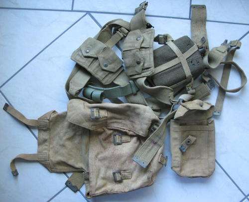 WW2 WEBBING SELECTION WITH FELT COVERED ENAMEL WATER BOTTLE