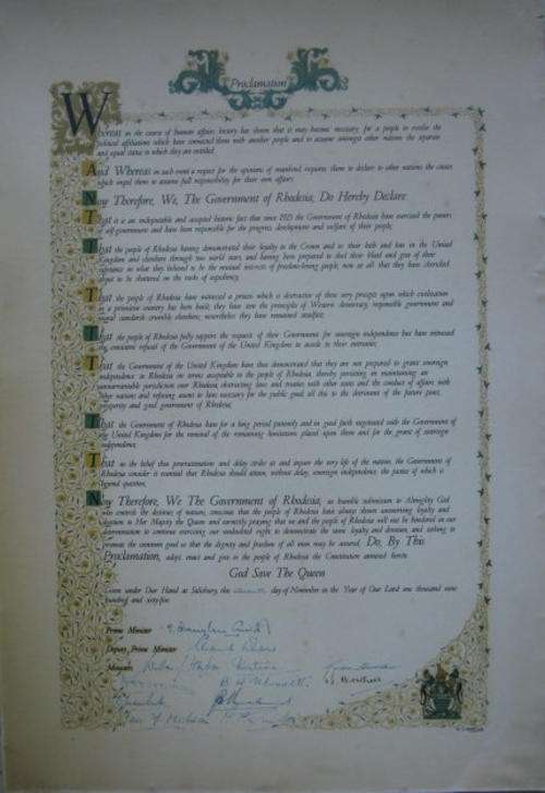 PROCLAMATION OF RHODESIA WITH ORIGINAL SIGNATURES OF PRIME MINISTER IAN DOUGLAS SMITH,DEP. PRIME MIN