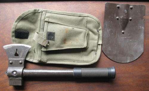 SADF BORDER WAR PERIOD ENTRENCHING TOOL WITH WEBBING COVER-CAN BE USED FOR SPADE OR AXE