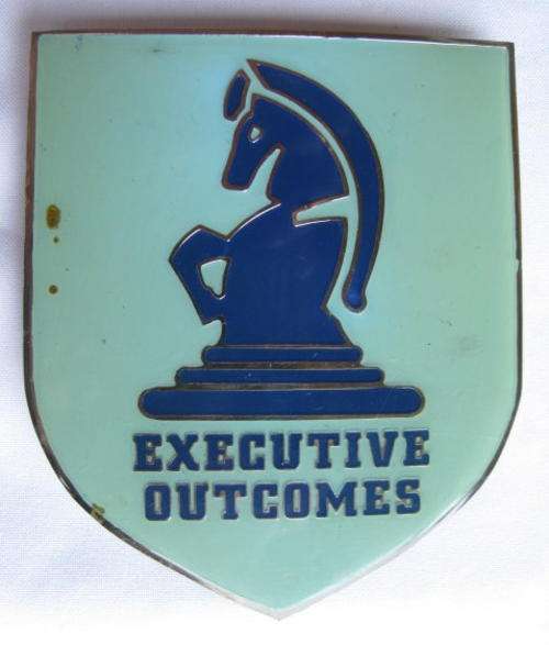 PLASTIC COATED ENAMEL PLAQUE FOR EXECUTIVE OUTCOMES-MEASURES 103X122MM-ORIGIN UNKNOWN