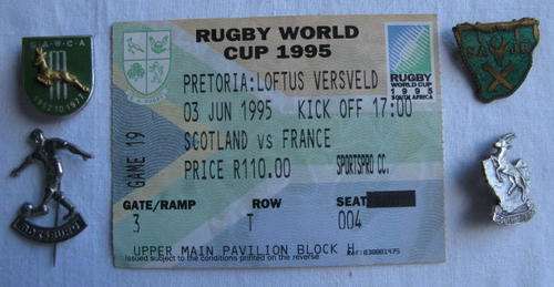 MIXED LOT OF BADGES & A RUGBY WORLD CUP 1995 RUGBY TICKET-SOLD TOGETHER