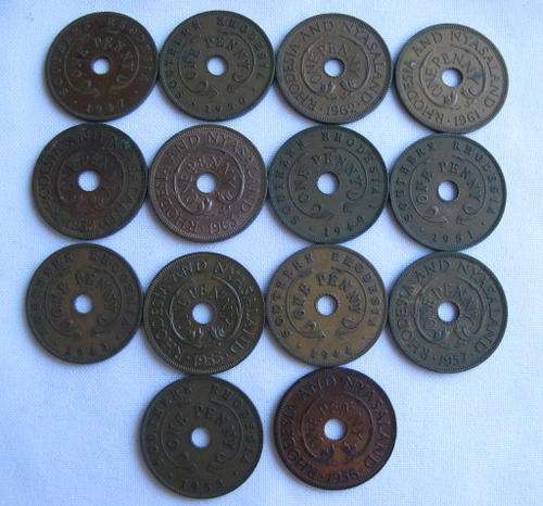 SOUTHERN RHODESIA &NYASALAND-ONE PENNY :FOLLOWING DATES SOLD TOGETHER:1943/1944/1947/1949/1950/1951/