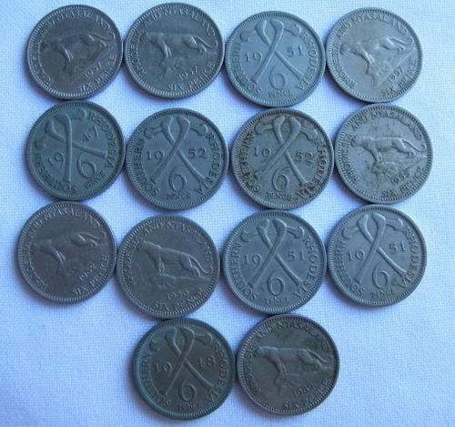 SOUTHERN & NYASALAND & RHODESIA SIXPENCE 6D-FOLLOWING DATES SOLD TOGETHER:1947/1948/1951X3/1952X2/19
