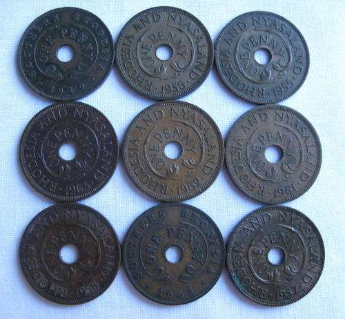 SOUTHERN RHODESIA & NYASALAND ONE PENNY-FOLLOWING DATES SOLD TOGETHER:1943/49/55/56/57/58/61/62&196