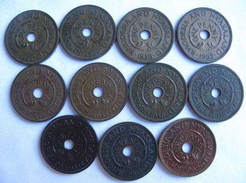 RHODESIA & NYASALAND ONE PENNY-FOLLOWING DATES SOLD TOGETHER:1956X4/1957/1958/1962X3/1963X2