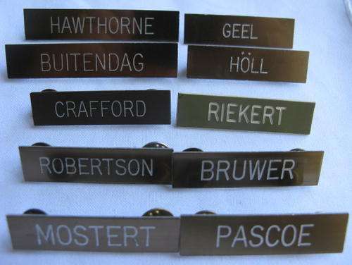 SELECTION OF 10 SADF PERIOD NAME BADGES-ALL PINS INTACT