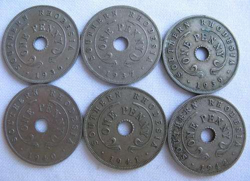 SOUTHERN RHODESIA ONE PENNY -FOLLOWING DATES SOLD TOGETHER:1936/37/39/40/41 & 1942