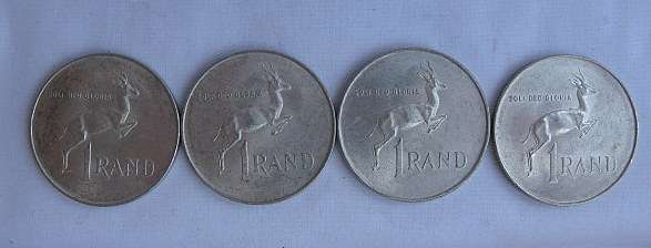 1966 - 80% SILVER ONE RAND COINS - 3 X AFRIKAANS & 1 X ENGLISH - SOLD TOGETHER - HIGH GRADE