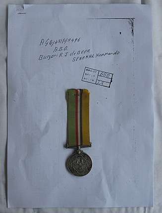 ABO FULL SIZE MEDAL AWARDED TO BURGER R.J. DE BEER - WAS WITH THE SENEKAL COMMANDO AND FOUGHT AT COL
