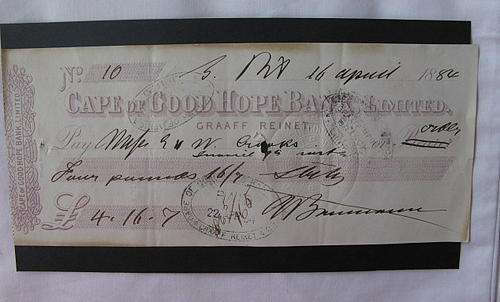 CAPE OF GOOD HOPE BANK LTD GRAAFF REINET CHEQUE DATED 1884