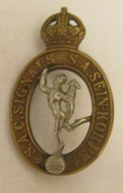 SA CORPS OF SIGNALS BI-METAL CAP BADGE WORN 1930-59 - 2 LUGS