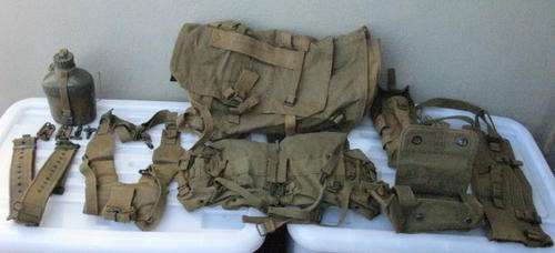 ALMOST FULL RHODESIAN WEBBING KIT FOLLOWING: LARGE BACKPACK - KIDNEY POUCHES - SHOULDER YOKE - WEBBI