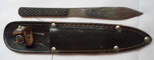 VINTAGE WILLIAM RODGERS-SHEFFIELD ENGLAND-TRUFLITE THROWING KNIFE WITH LEATHER SHEATH-TOTAL LENGTH 1