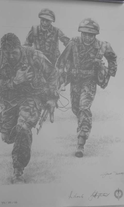 SA RECCE REGT. PENCIL SKETCH BY:L.GREWER STEENKAMP,SIGNED BY MAJ. GEN. F.W. LOOTS & COL. JAN BREYTEN