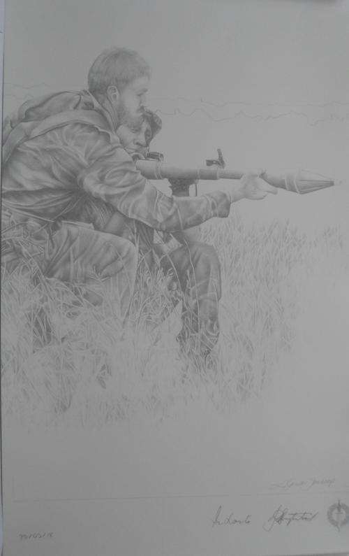 SA RECCE REGT. PENCIL SKETCH BY:L.GREWER STEENKAMP,SIGNED BY MAJ. GEN. F.W. LOOTS & COL. JAN BREYTEN