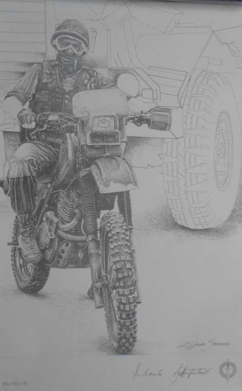 SA RECCE REGT. PENCIL SKETCH BY:L.GREWER STEENKAMP,SIGNED BY MAJ. GEN. F.W. LOOTS & COL. JAN BREYTEN