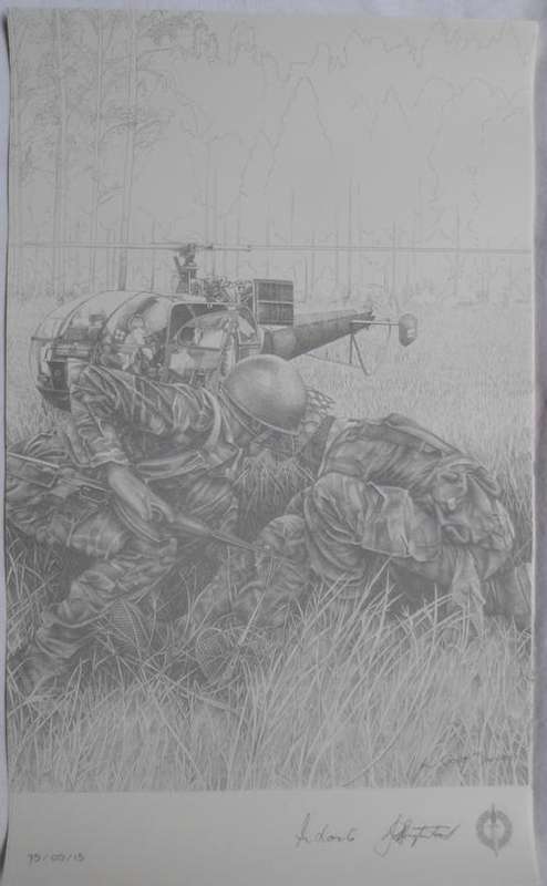 SA RECCE REGT. PENCIL SKETCH BY:L.GREWER STEENKAMP,SIGNED BY MAJ. GEN. F.W. LOOTS & COL. JAN BREYTEN