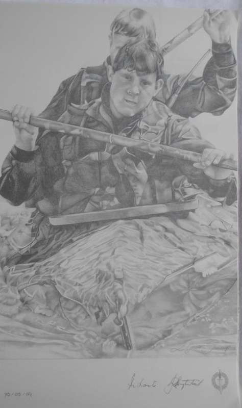 SA RECCE REGT. PENCIL SKETCH BY:L.GREWER STEENKAMP,SIGNED BY MAJ. GEN. F.W. LOOTS & COL. JAN BREYTEN