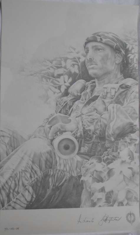 SA RECCE REGT. PENCIL SKETCH BY:L.GREWER STEENKAMP,SIGNED BY MAJ. GEN. F.W. LOOTS & COL. JAN BREYTEN