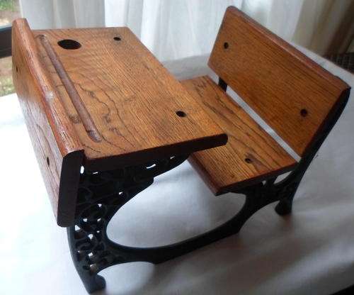 VINTAGE MINIATURE SCHOOL DESK WITH WROUGHT IRON BASE-MEASURES 28,5CMX20CM-HEIGHT 22,5CM-VERY GOOD CO