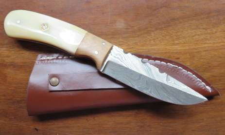 CUSTOM HANDMADE DAMASCUS HUNTING SKINNER KNIFE WITH LEATHER SHEATH-BLADE PATTERN-TWISTED DAMASCUS/OV