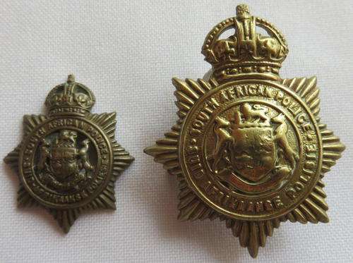 SA POLICE CAP & COLLAR BADGE-WORN 1937-57-S TYPE -THE COLLAR WITHOUT LUGS