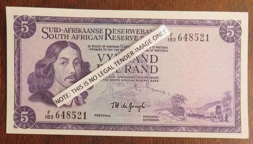 FIVE RAND-T.W. DE JONGH-1ST ISSUE-F183 PREFIX -UNC CINDITION