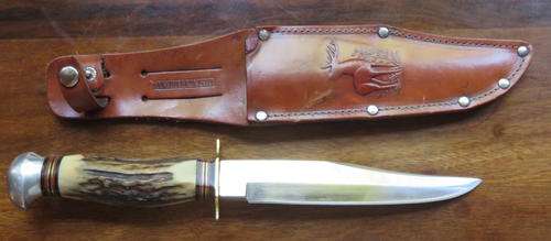 ORIGINAL C. JUL.HERBERTZ SOLINGEN ROSTFREI KNIFE WITH LEATHER SHEATH-TOTAL LENGTH 266MM-DEERE HANDL