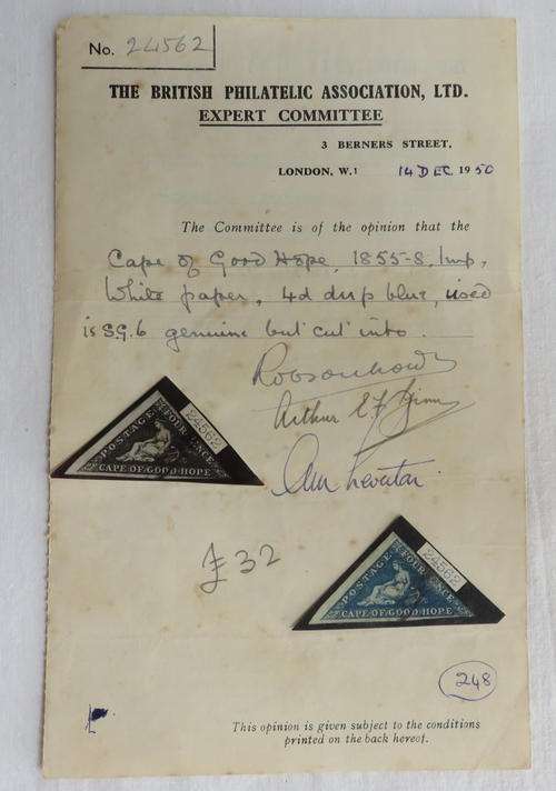 CAPE OF GOOD HOPE STAMP-1855-58-4D-DEEP BLUE -WITH BRITISH PHILATELIC ASSOC. EXPERT ASSESMENT