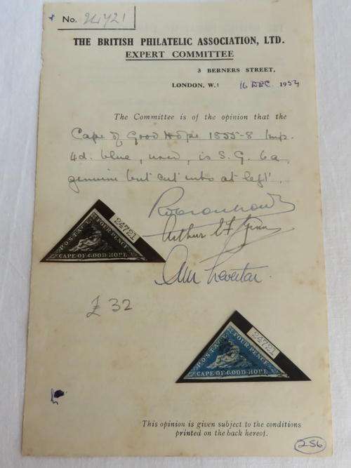 CAPE OF GOOD HOPE STAMP-1855-8- 4 PENCE-BLUE-(SG6A)WITH BRITISH PHILATELIC ASSOC. EXPERT ASSESMENT