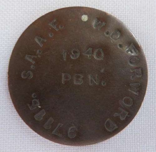 WW2 TRENCH ART-PENNY MADE INTO A DOG TAG-DATED 1940-SAAF TO W.D. FORWORD