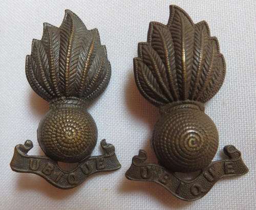 SA ARTILLERY COLLAR BADGE PAIR -LARGE VARIATION-LUGS INTACT