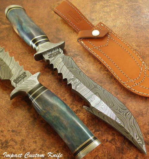 HAND-MADE-BY-IMPACT-CUTLERY-RARE-CUSTOM-DAMASCUS-COMBAT-FIGHTER-BOWIE-KNIF