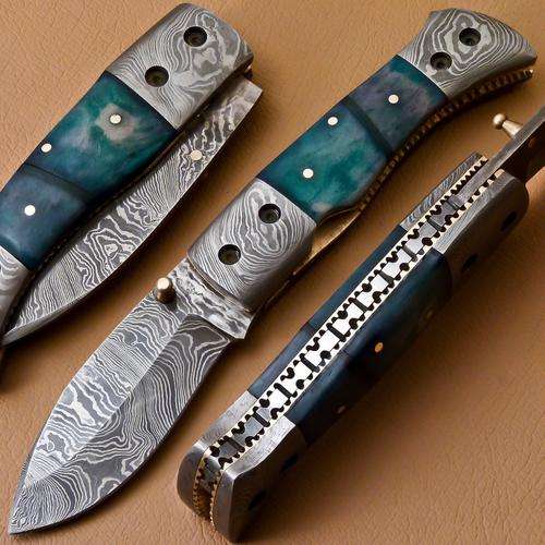 UNIQUE CUSTOM DAMASCUS POCKET KNIFE WITH STAINED CAMEL BONE