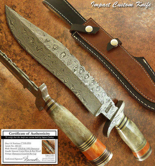HAND MADE BY IMPACT CUTLERY RARE CUSTOM DAMASCUS BOWIE KNIFE CAMEL BONE HANDLE
